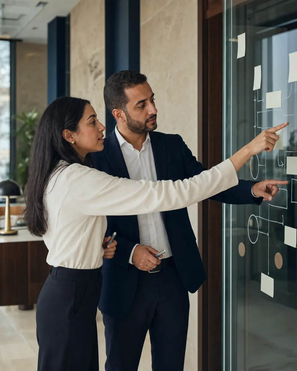 Deux professionnels marocains analysant un processus de travail